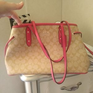 Authentic Coach Signature Drawstring Carry All Tote Bag Hot Pink CC Print